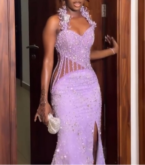 Elegant Halter Mermaid Beaded Satin Long Prom Dresses with Slits, Lilac Formal Evening Dresses EP04062