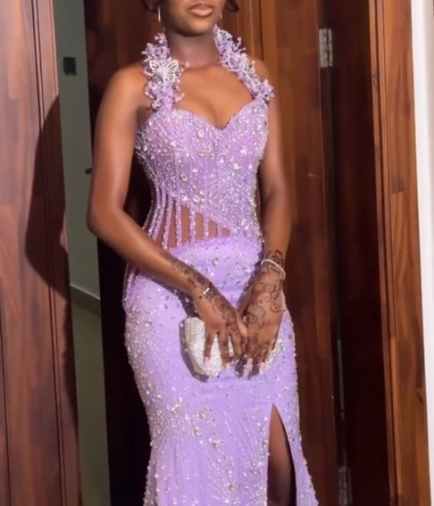 Elegant Halter Mermaid Beaded Satin Long Prom Dresses with Slits, Lilac Formal Evening Dresses EP04062