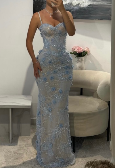Gorgeous Spaghetti Strap Sheath Lace Applique Long Prom Dresses, Blue Formal Evening Dresses 