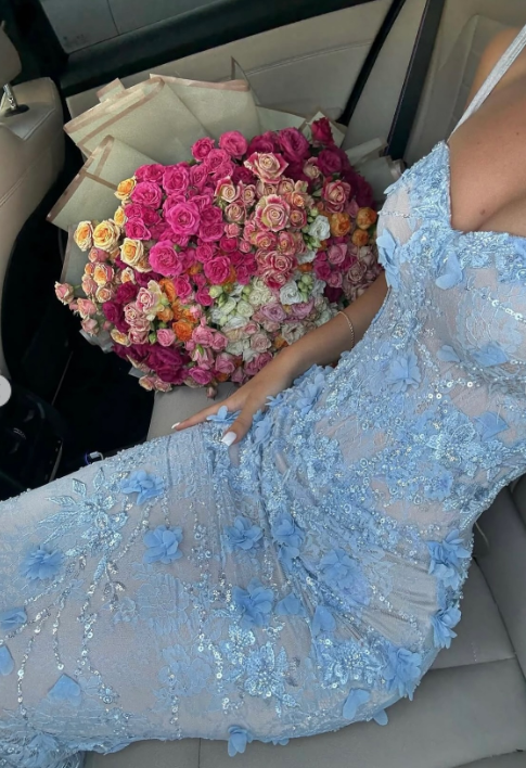 Gorgeous Spaghetti Strap Sheath Lace Applique Long Prom Dresses, Blue Formal Evening Dresses EP04065