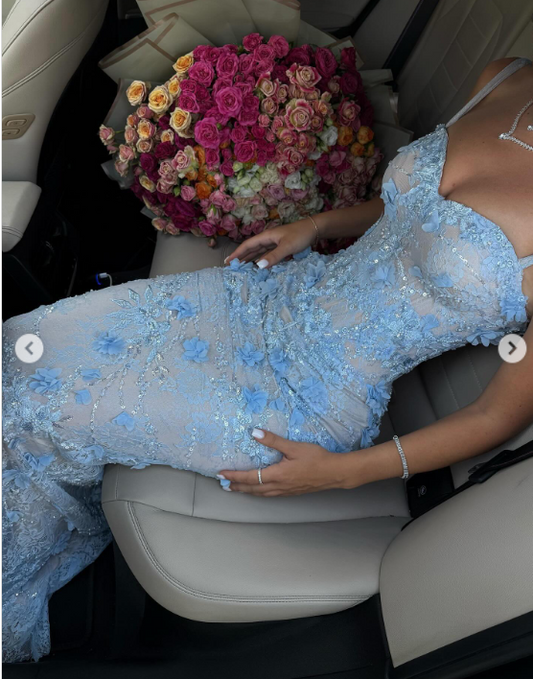 Gorgeous Spaghetti Strap Sheath Lace Applique Long Prom Dresses, Blue Formal Evening Dresses 