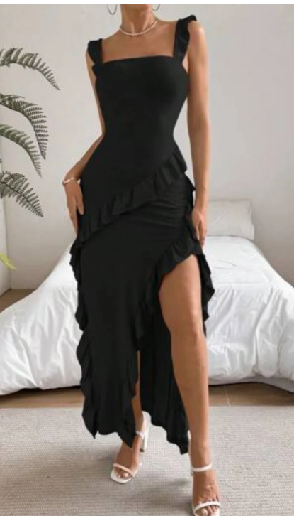 Sexy Strap Sheath Chiffon Ruffle Long Prom Dresses, Black Formal Evening Dresses EP04068