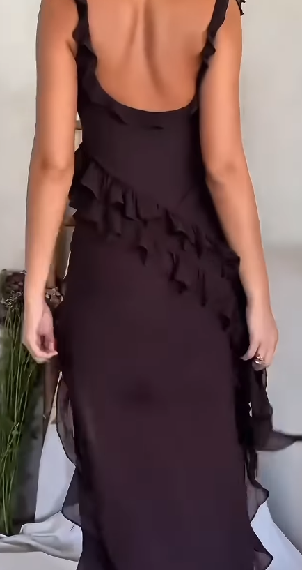 Sexy Strap Sheath Chiffon Ruffle Long Prom Dresses, Black Formal Evening Dresses EP04068