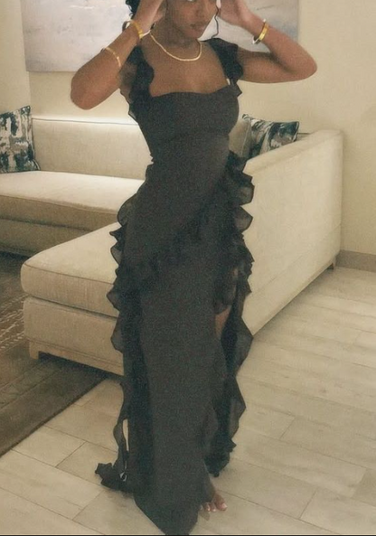 Sexy Strap Sheath Chiffon Ruffle Long Prom Dresses, Black Formal Evening Dresses EP04068