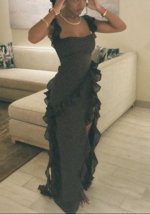Sexy Strap Sheath Chiffon Ruffle Long Prom Dresses, Black Formal Evening Dresses EP04068
