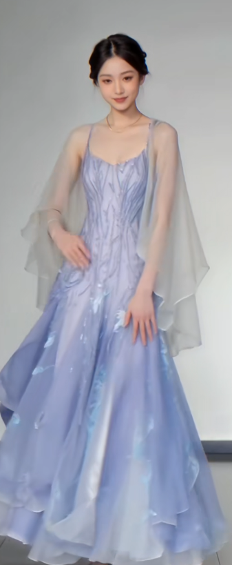 Elegant Spaghetti Straps A-Line Tulle Beaded Long Prom Dresses, Purple Formal Evening Dresses EP04070