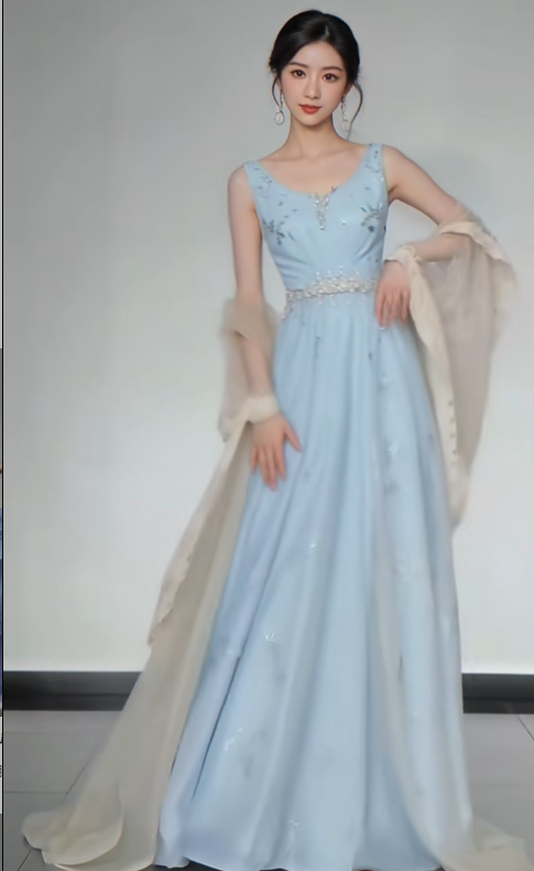 Elegant V-neck  A-Line Satin Long Prom Dresses, Blue Formal Evening Dresses EP04071