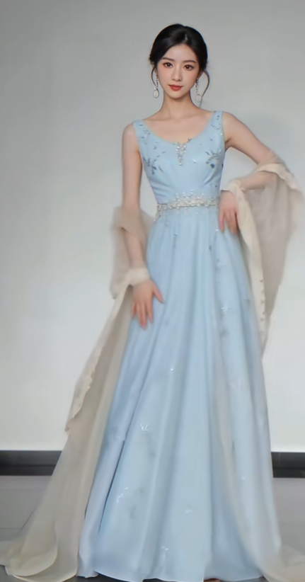 Elegant V-neck  A-Line Satin Long Prom Dresses, Blue Formal Evening Dresses EP04071
