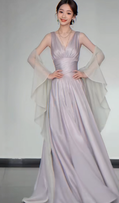 Elegant V-neck A-Line Satin Long Prom Dresses,Sleeveless Formal Evening Dresses EP04072