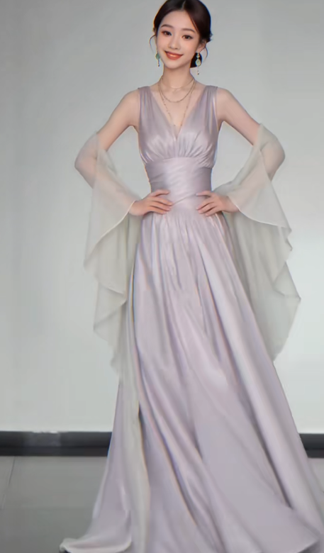 Elegant V-neck A-Line Satin Long Prom Dresses,Sleeveless Formal Evening Dresses EP04072