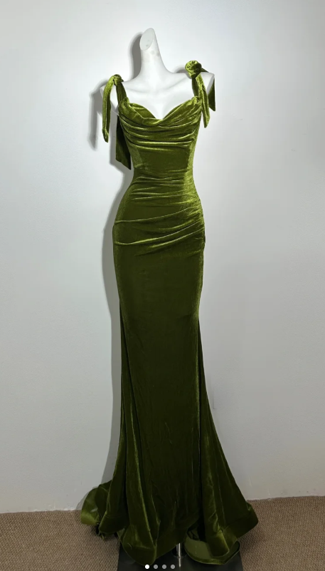Sexy Spaghetti Strap Mermaid Velvet Long Prom Dresses, Green Formal Evening Dresses EP04075