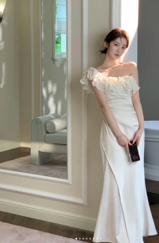 Sexy One-shoulder Mermaid Satin Long Prom Dresses, White Formal Evening Dresses EP04076