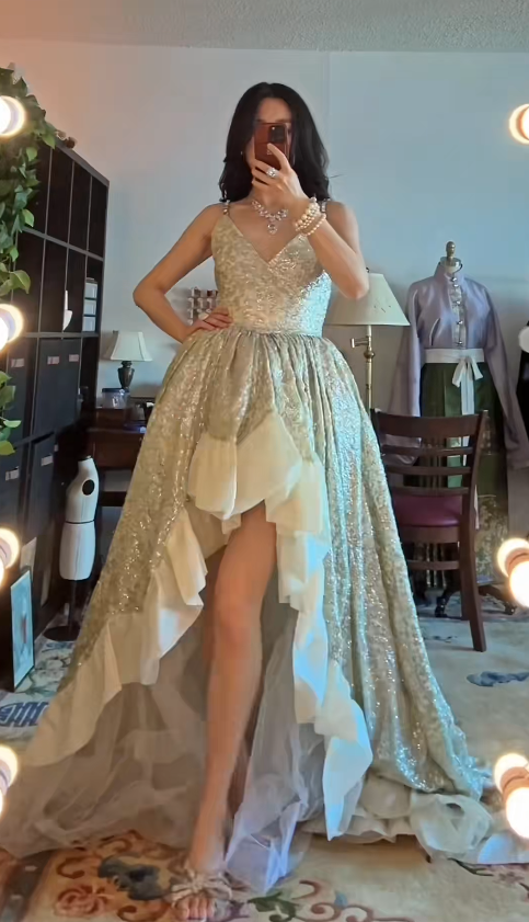 Elegant V neck Ball Gown Hi-Lo Prom Dresses, Tulle Formal Evening Dresses EP04079