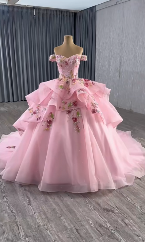 Gorgeous Off-the-shoulder Ball Gown Tulle Applique Long Prom Dresses Pink Sweet 16 Dress Quinceanera Dresses EP04083