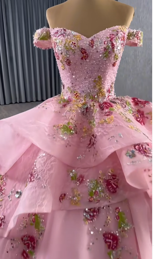 Gorgeous Off-the-shoulder Ball Gown Tulle Applique Long Prom Dresses Pink Sweet 16 Dress Quinceanera Dresses EP04083
