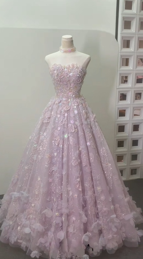 Fairy Strapless A-Line Lace Applique Long Prom Dresses Pink Sweet 16 Dress Beaded Quinceanera Dresses EP04084
