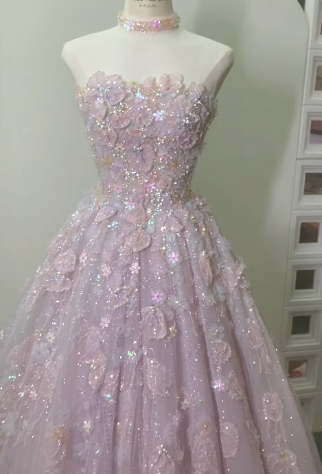 Fairy Strapless A-Line Lace Applique Long Prom Dresses Pink Sweet 16 Dress Beaded Quinceanera Dresses EP04084