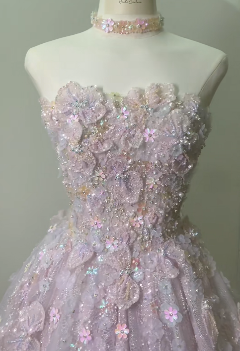 Fairy Strapless A-Line Lace Applique Long Prom Dresses Pink Sweet 16 Dress Beaded Quinceanera Dresses EP04084