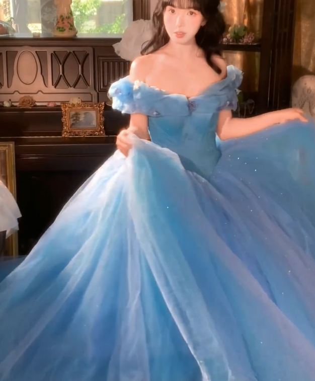 Snow White Off-the-shoulder Ball Gown Tulle Long Prom Dresses, Blue Sweet 16 Dress Fairy Quineacera Dresses EP04086