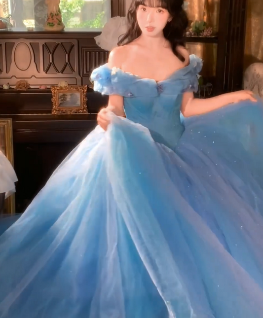 Snow White Off-the-shoulder Ball Gown Tulle Long Prom Dresses, Blue Sweet 16 Dress Fairy Quineacera Dresses EP04086