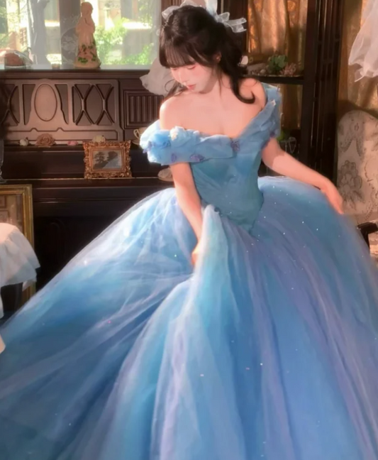 Snow White Off-the-shoulder Ball Gown Tulle Long Prom Dresses, Blue Sweet 16 Dress Fairy Quineacera Dresses EP04086