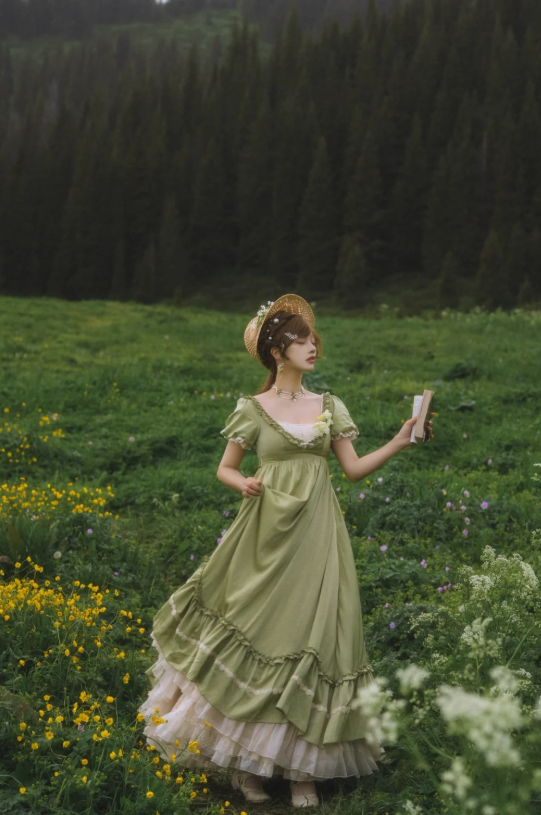Cute Square Neck Empire Dress Satin Long Prom Dresses, Green Birthday Dresses EP04087