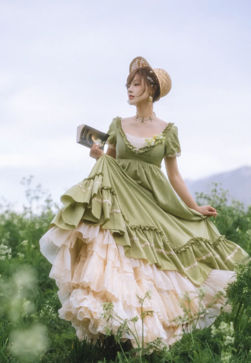Cute Square Neck Empire Dress Satin Long Prom Dresses, Green Birthday Dresses EP04087