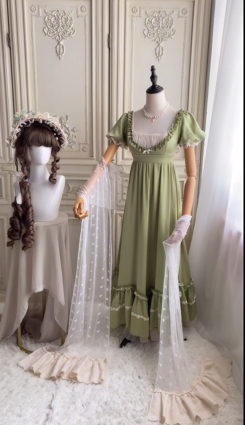 Cute Square Neck Empire Dress Satin Long Prom Dresses, Green Birthday Dresses EP04087