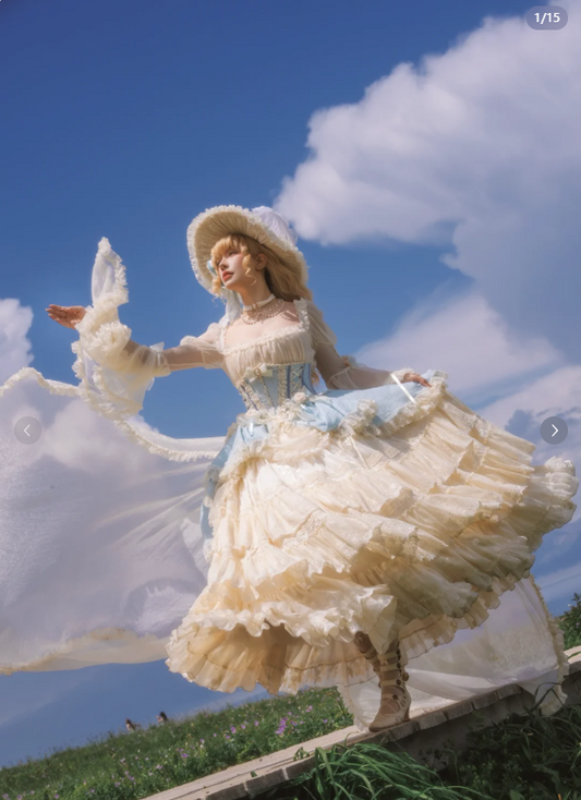 Cute Square Neck Ball Gown Chiffon Birthday Dresses Long Sleeve Blue Lolita Dresses EP04088