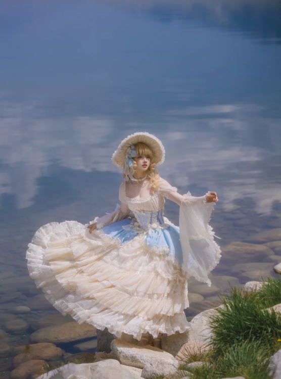 Cute Square Neck Ball Gown Chiffon Birthday Dresses Long Sleeve Blue Lolita Dresses EP04088