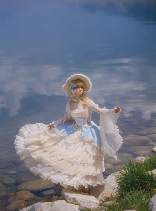 Cute Square Neck Ball Gown Chiffon Birthday Dresses Long Sleeve Blue Lolita Dresses EP04088