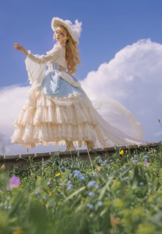Cute Square Neck Ball Gown Chiffon Birthday Dresses Long Sleeve Blue Lolita Dresses EP04088