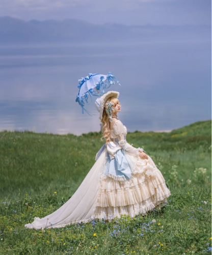 Cute Square Neck Ball Gown Chiffon Birthday Dresses Long Sleeve Blue Lolita Dresses EP04088
