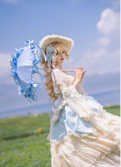 Cute Square Neck Ball Gown Chiffon Birthday Dresses Long Sleeve Blue Lolita Dresses EP04088