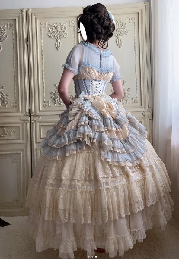 Cute Jewel Ball Gown Lace Chiffon Short Birthday Dresses Blue Sweet Two-Piece Lolita Dresses EP04092