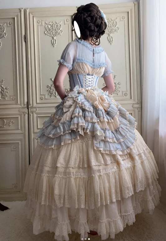 Cute Jewel Ball Gown Lace Chiffon Short Birthday Dresses Blue Sweet Two-Piece Lolita Dresses EP04092