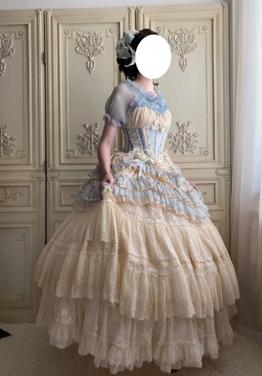 Cute Jewel Ball Gown Lace Chiffon Short Birthday Dresses Blue Sweet Two-Piece Lolita Dresses EP04092