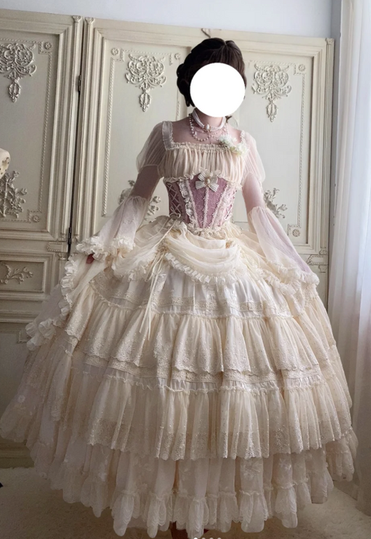 Cute Square Neck Ball Gown Lace Chiffon Short Birthday Dresses Pink Sweet Two-Piece Lolita Dresses EP04093