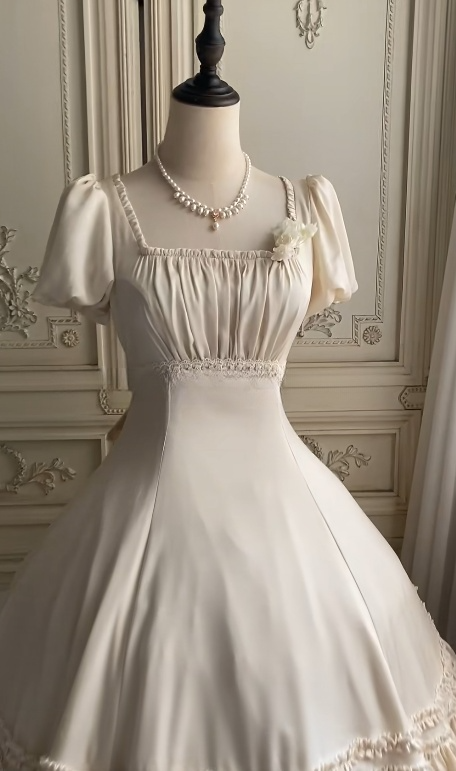 Simple Square Neck Ball Gown Satin Short Birthday Dresses White Sweet Lolita Dresses EP04094
