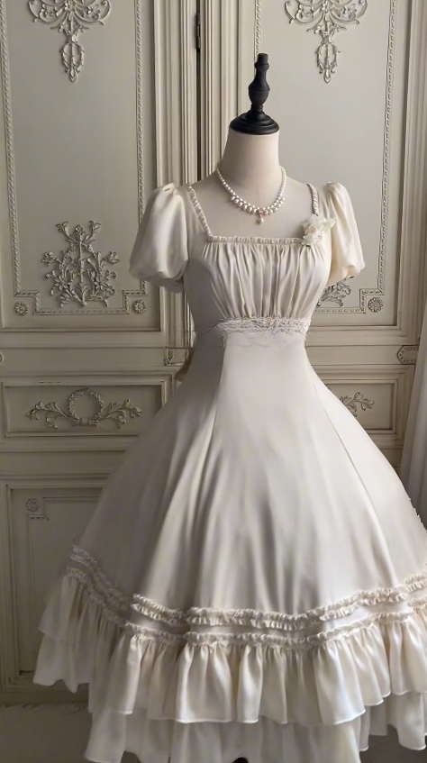 Simple Square Neck Ball Gown Satin Short Birthday Dresses White Sweet Lolita Dresses EP04094