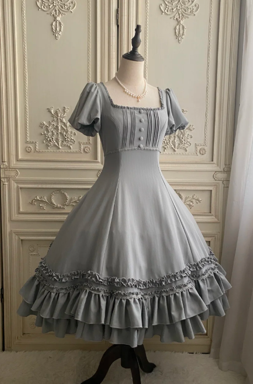 Simple Square Neck Ball Gown Satin Ruffle Short Birthday Dresses Gray Lolita Dresses EP04095