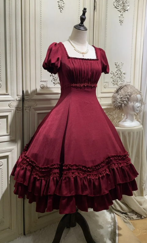 Elegant Square Neck Ball Gown Satin Ruffle Short Birthday Dresses Burgundy Lolita Dresses EP04096