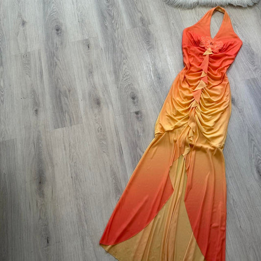 Elegant Halter Mermaid Chiffon Prom Dresses, Gradient Orange Formal Evening Dresses EP04097