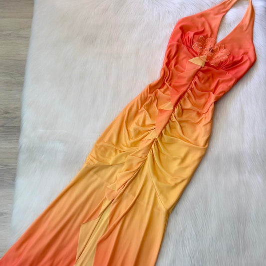 Elegant Halter Mermaid Chiffon Prom Dresses, Gradient Orange Formal Evening Dresses EP04097