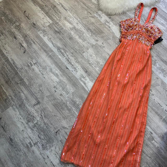 Vintage Spaghetti Straps Sheath Beaded Chiffon Prom Dresses, Orange Formal Evening Dresses EP04098