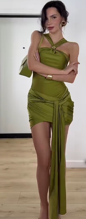 Sexy Halter Sheath Satin Short Prom Dresses, Olive Green Homecoming Dresses EP04237