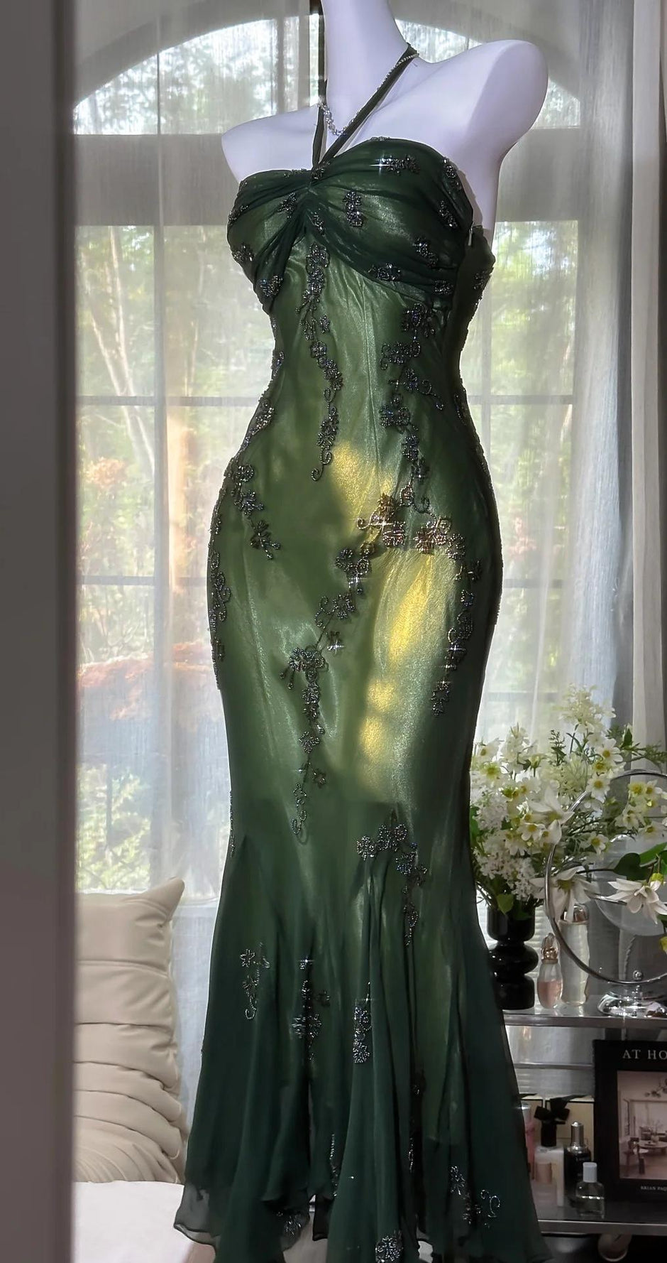 Vintage Mermaid Halter Sleeveless Velvet Green Long Prom Dresses C82 main image 0