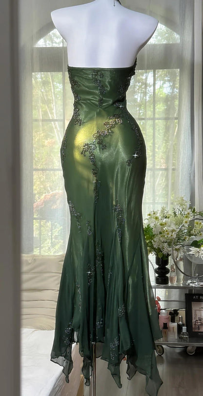 Vintage Halter  Mermaid Long Prom Dresses Chiffon Beaded Dark Green Long Formal Dresses EP04752