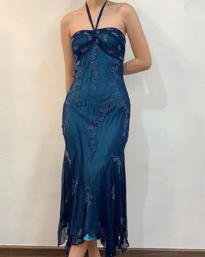 Vintage Halter  Mermaid Long Prom Dresses Chiffon Beaded Dark Green Long Formal Dresses EP04752