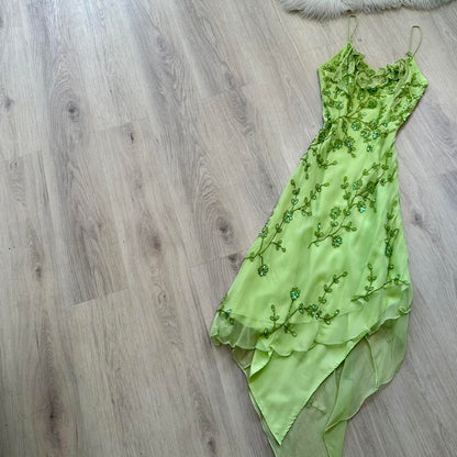 Fairy Spaghetti Strap Sheath Long Prom Dresses Vintage Chiffon Beaded Green Formal Dresses EP04753